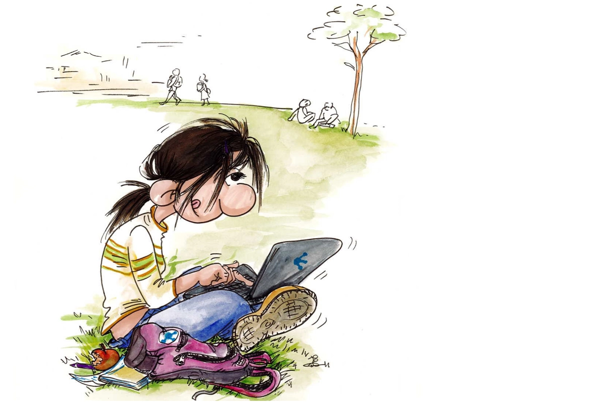 Ilustración de un alumno con un portátil en el parque
